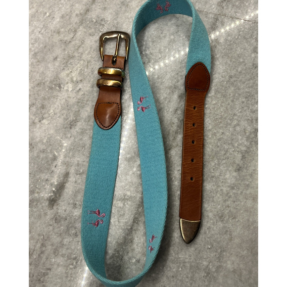 Leather Man Flamingo Embroidered Canvas Leather Belt Mens 32 Blue Pink Handmade - Picture 4 of 9